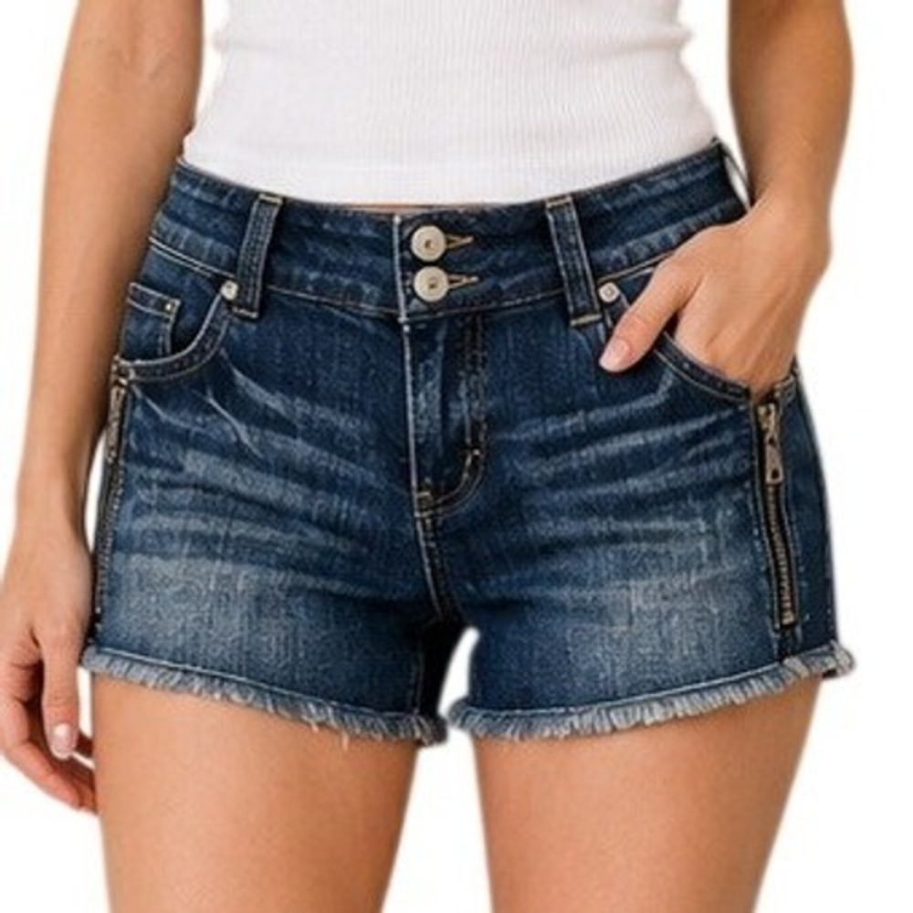DKNY Y2K Jeans Women SZ 25 Blue Denim Cut Off Shorts Side Zips Double Button Low